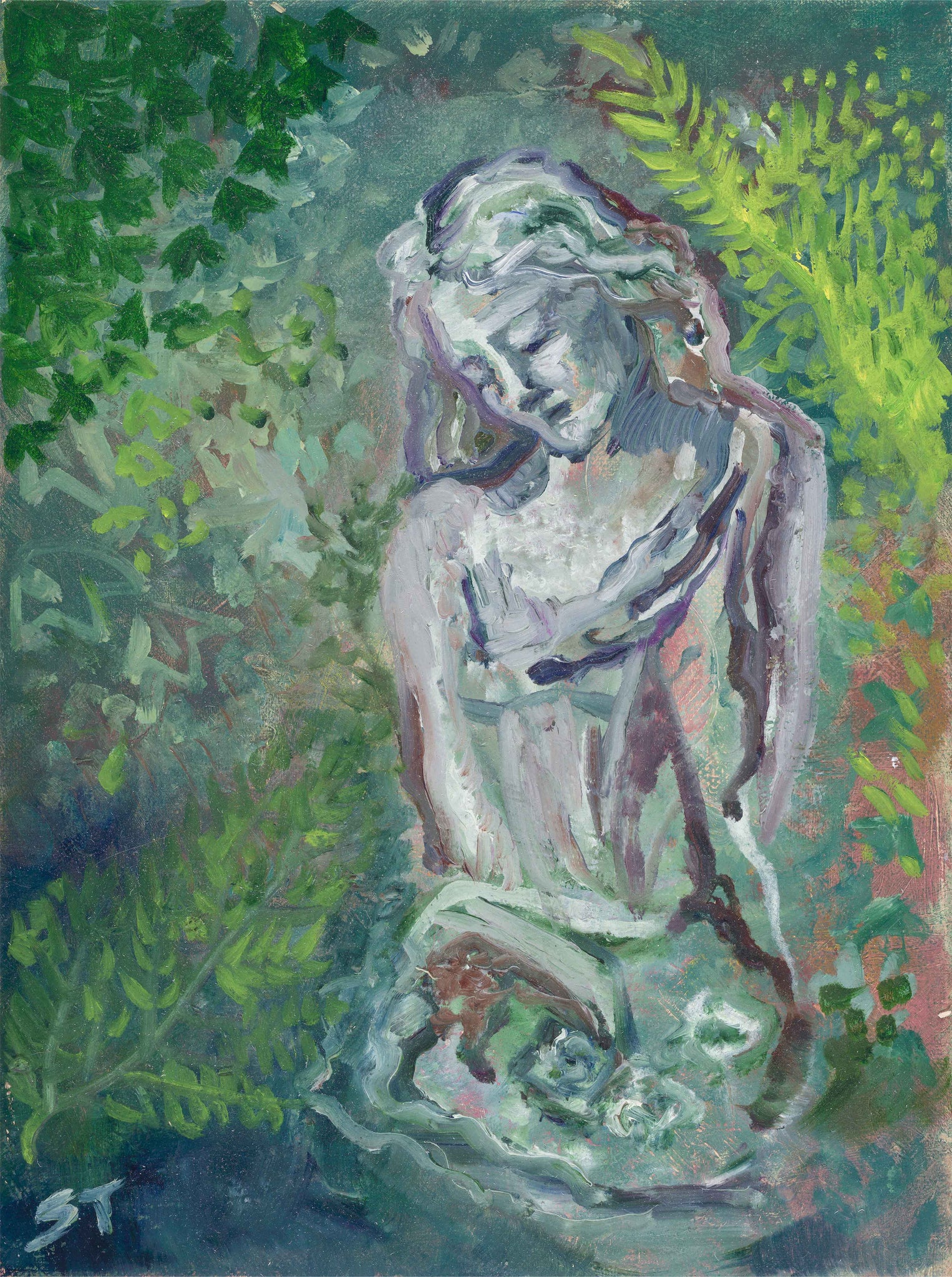 sculpture of lady with ferns